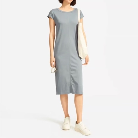 Everlane NWOT Gray Cotton Short Sleeve Midi T-Shirt Dress w/Side Slits Sz. small - Picture 1 of 13